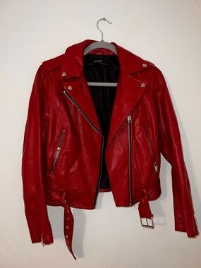 Zara Red Faux Leather Moto Jacket with Zip Pockets